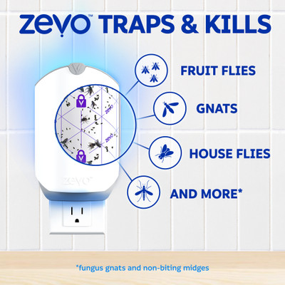 Zevo traps & kills fruit flies, gnats, house flies, fungus gnats and non-biting midges.