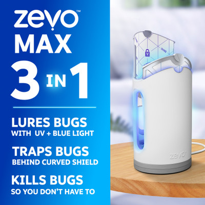 Zevo Max 3-in-1 lures bugs with UV and blue light, traps bugs behind a curved shield, and kills bugs so you don't have to.