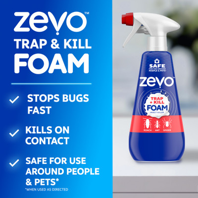 Zevo Trap and Kill Foam stops bugs fast, kills on contact, and is safe for use around people and pets when used as directed.